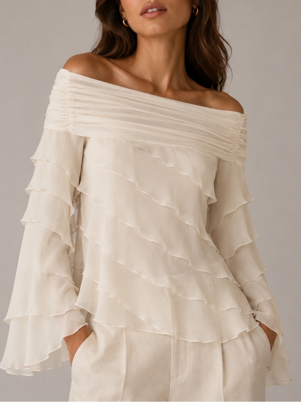 Tadashi Shoji Collection Cream Draped Top Size XS/S Cream Flare Sleeves Elegant